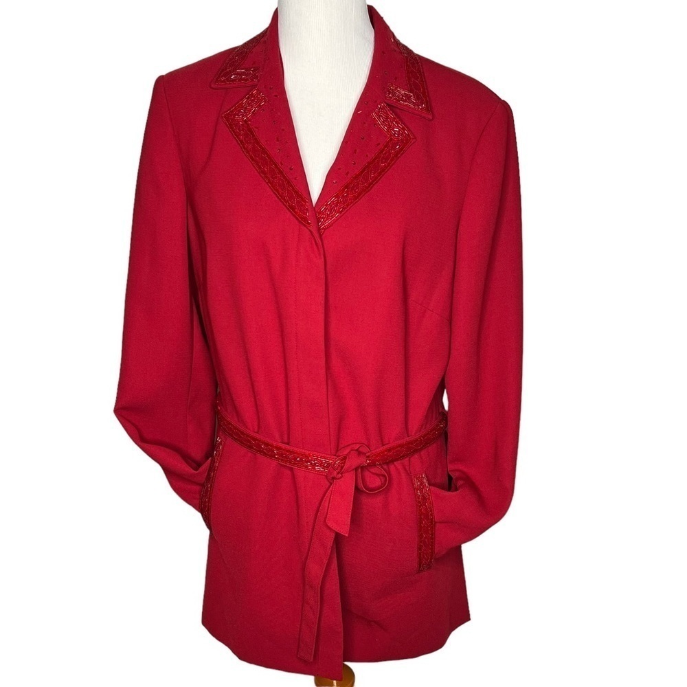 Vintage Emily… Embellished Trim Long Belted Blazer Red Sz 16 Notch Lapel Button